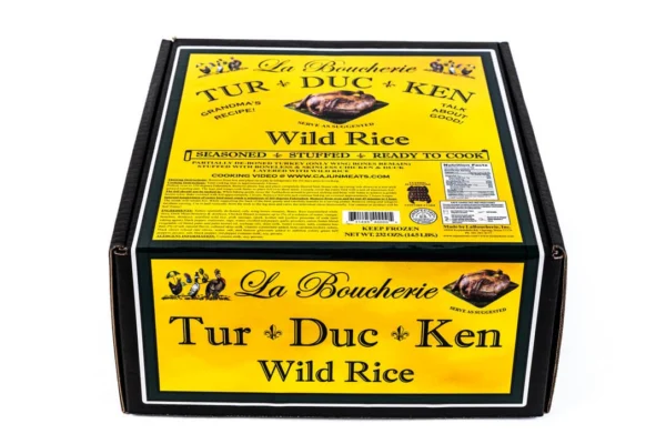 wild rice box Black box for a 15 lb La Boucherie Turducken, featuring cooking instructions and nutritional information.