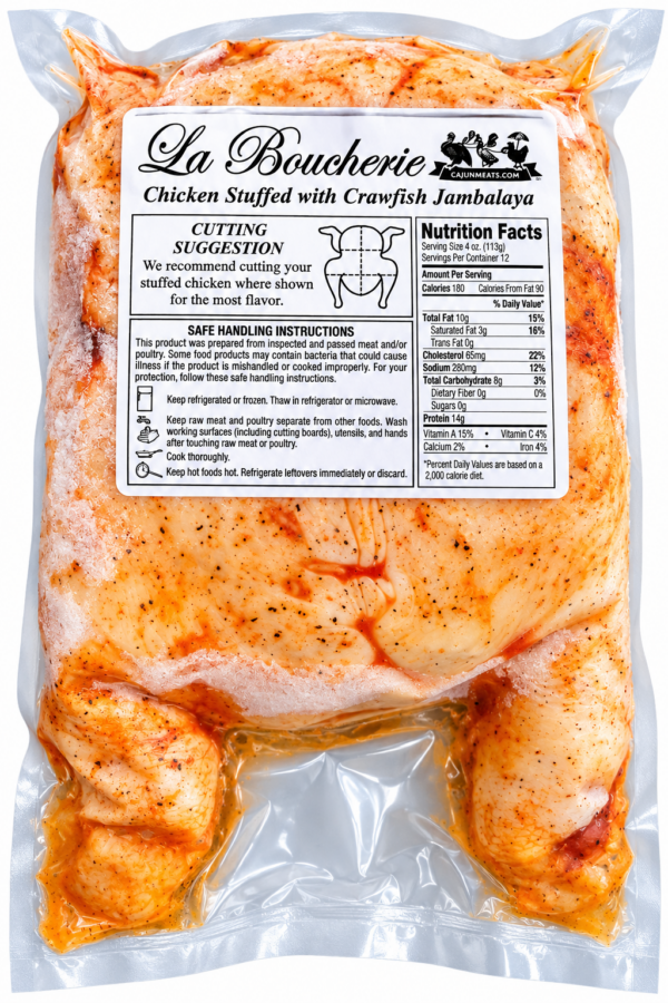 la boucherie stuffed chicken crawfish jambalaya back La Boucherie seasoned raw Cajun stuffed chicken breast in vacuum-sealed packaging with a nutrition label.