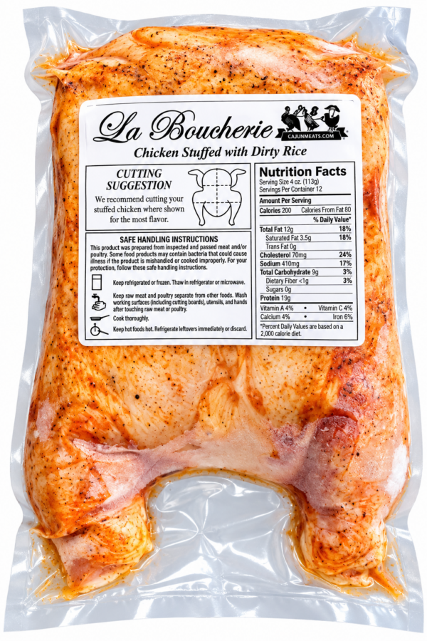 la boucherie stuffed chicken dirty rice back Vacuum-sealed La Boucherie Cajun Stuffed Chicken with rice and a nutrition facts label.