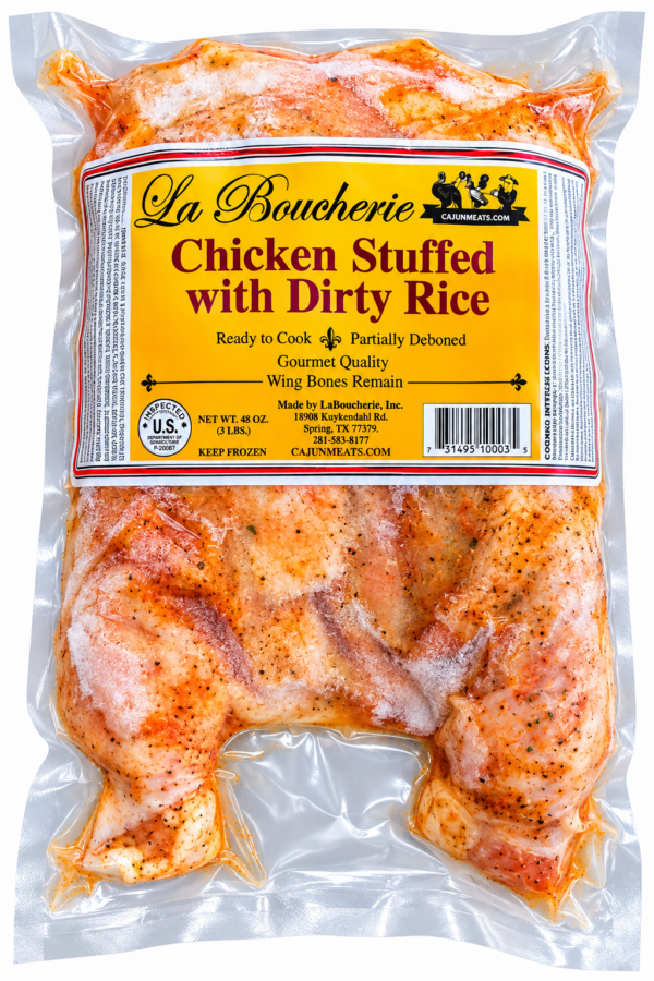 la boucherie stuffed chicken dirty rice front A vacuum-sealed, raw La Boucherie Cajun stuffed chicken filled with dirty rice.