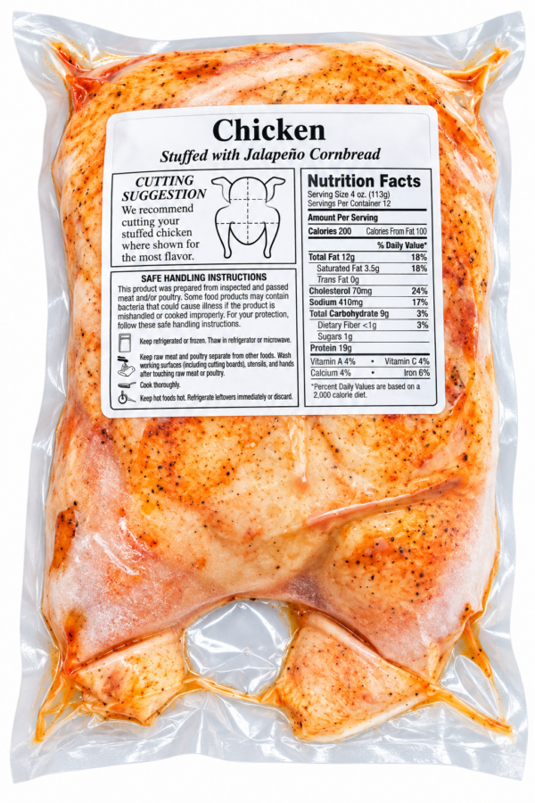 la boucherie stuffed chicken jalapeno cornbread back Vacuum-sealed La Boucherie Cajun Stuffed Chicken in plastic packaging, complete with nutrition and instruction labels.