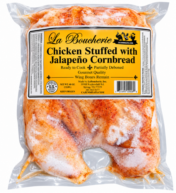 la boucherie stuffed chicken jalapeno cornbread front Raw La Boucherie Cajun stuffed chicken in vacuum-sealed packaging with a product label.