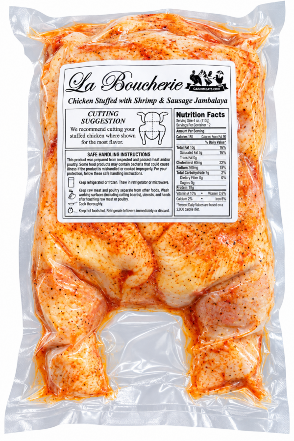 la boucherie stuffed chicken shrimp sausage jambalaya back La Boucherie Cajun stuffed chicken with shrimp and sausage jambalaya in a vacuum-sealed package with a nutrition label.