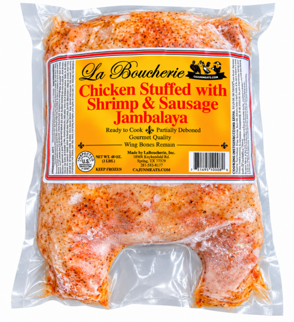 la boucherie stuffed chicken shrimp sausage jambalaya front A raw La Boucherie Cajun stuffed chicken, seasoned and filled with jambalaya, sealed in a labeled plastic package.