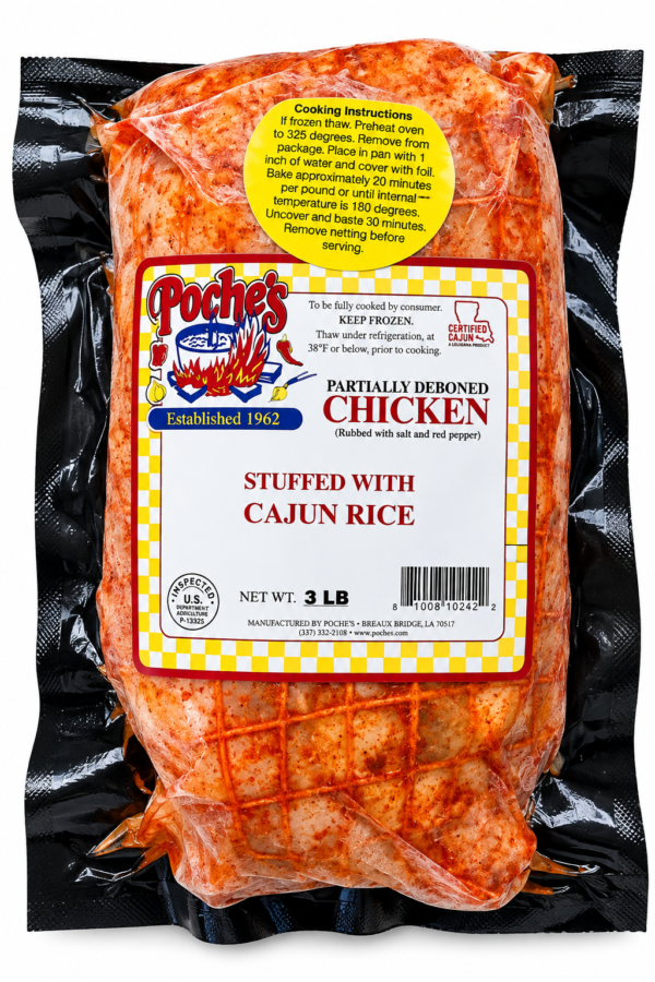 poches stuffed chicken cajun rice front A vacuum-sealed, seasoned Poche’s Stuffed Chicken in netting, featuring a label with cooking instructions.