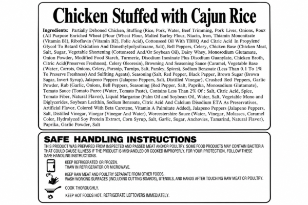poches stuffed chicken cajun rice label Product label for Poche’s Stuffed Chicken, showing ingredients and safe handling instructions.
