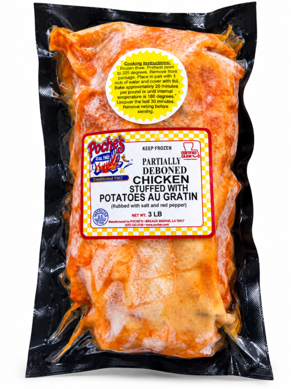 poches stuffed chicken potato au gratin A vacuum-sealed package of Poche’s Stuffed Chicken with red pepper seasoning and cooking instructions.