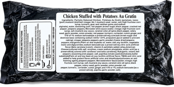 poches stuffed chicken potato au gratin label Poche’s Stuffed Chicken with potatoes au gratin in a plastic-wrapped package, including nutritional and cooking info.