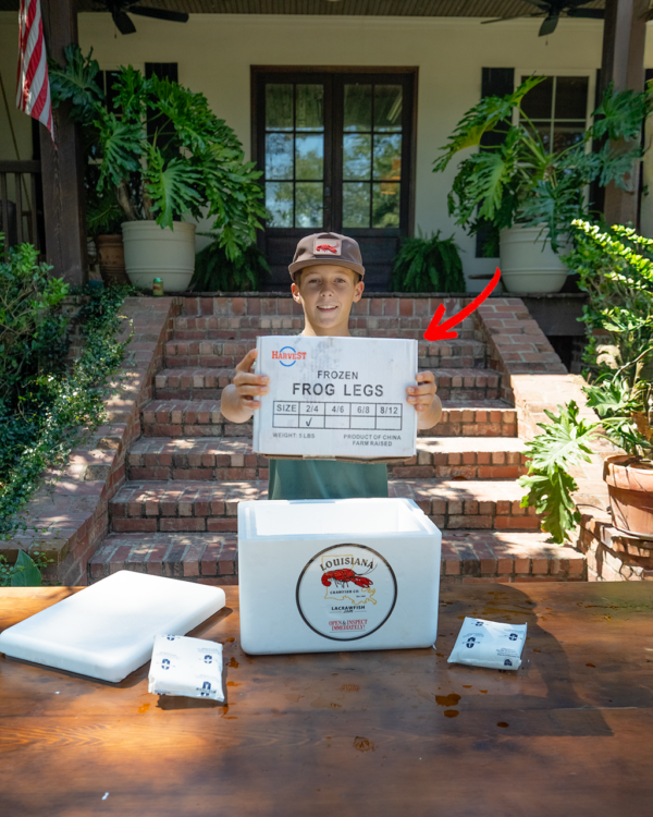 frog_legs_package__55709.1756850372.1280.1280.png A boy on brick steps holds a 5 lb box of frog legs, with Cajun meats and a cooler, creating a Louisiana seafood vibe.