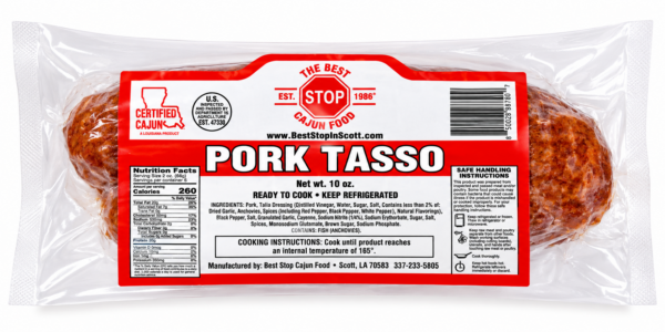 10 oz vacuum-sealed package of The Best Stop Tasso with a red label showing nutrition, ingredients, and instructions.