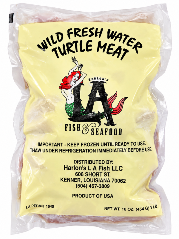 1 lb vacuum-sealed package of boneless turtle meat, featuring a mermaid label and preparation instructions.