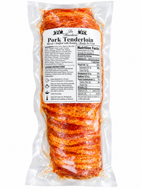 la boucherie pork tenderloin stuffed with boudin back La Boucherie Petit Pork Tenderloin stuffed with boudin, in a vacuum-sealed bag with a nutrition label.