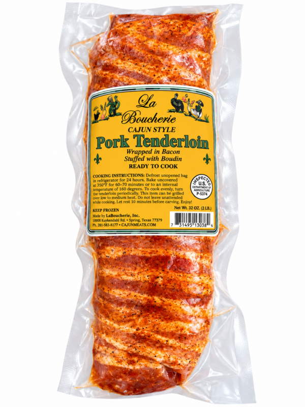 Vacuum-sealed La Boucherie Petit pork tenderloin stuffed with boudin and wrapped in bacon.