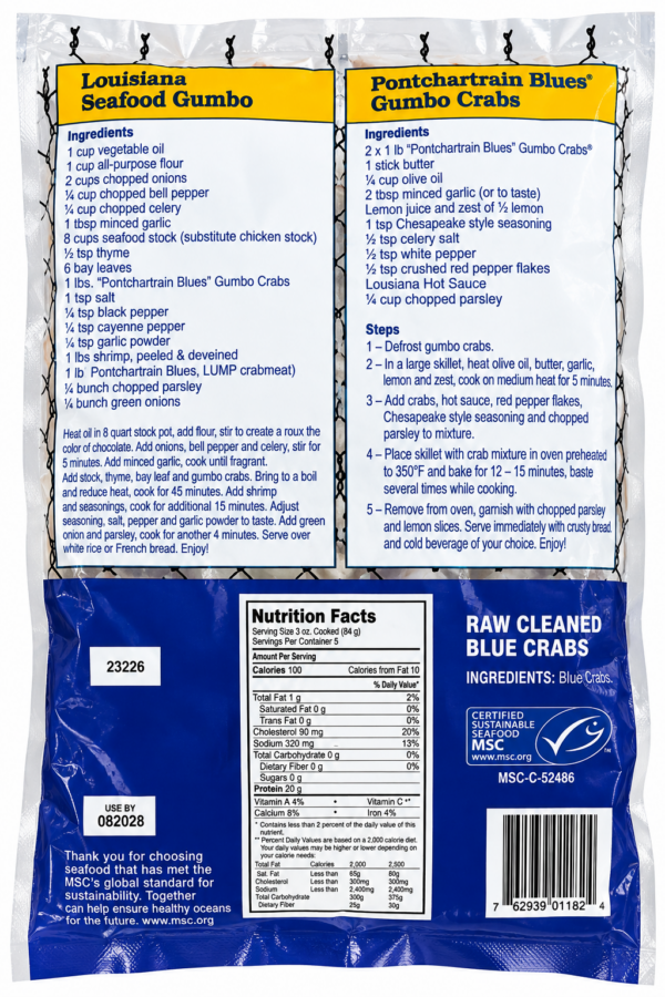 pontchartrain gumbo crabs back Back of a 16oz Pontchartrain Gumbo Crabs package featuring gumbo recipes and a nutrition label.
