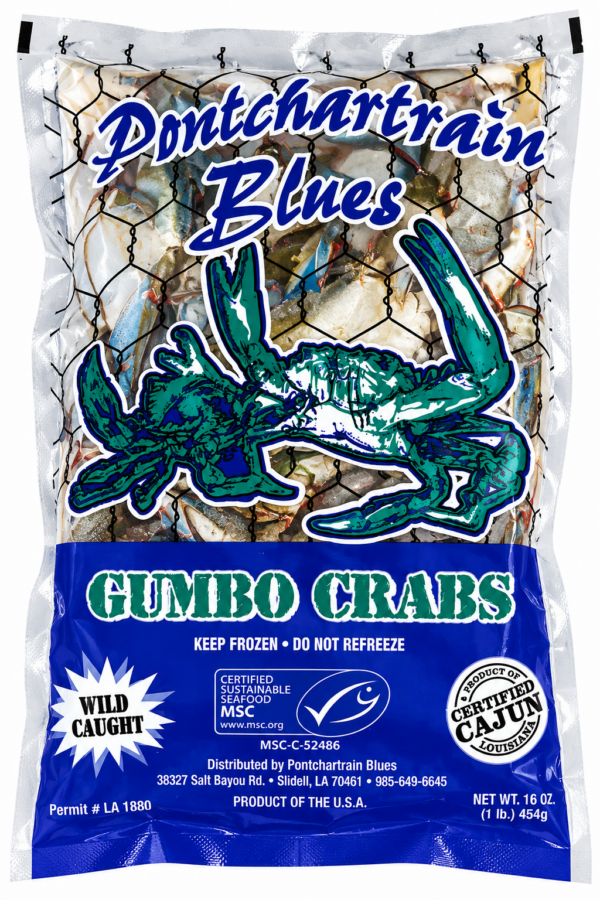 pontchartrain gumbo crabs front A 16oz bag of frozen Pontchartrain Gumbo Crabs in clear plastic packaging.