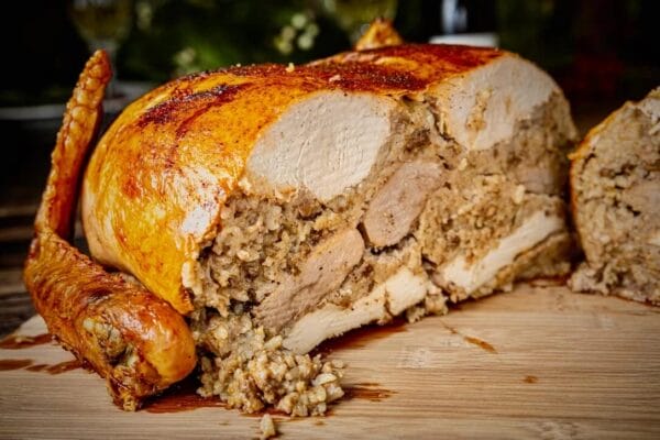 15lb_dirty_rice__57666.1760541128.1280.1280.jpg Sliced 15 lb La Boucherie Turducken on a board, served with Cajun meats and rice—perfect for Louisiana flavor lovers.
