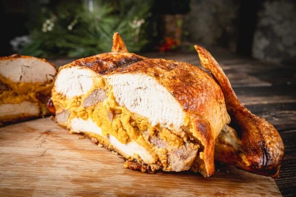 15lb_jal_cornbread__50553.1760541128.1280.1280.jpg Sliced 15 lb La Boucherie Turducken reveals Cajun stuffing, a Louisiana classic, served on a wooden board.