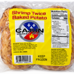 Cajun Market Meats shrimp twice-baked potato in clear plastic packaging with a yellow nutrition facts label.