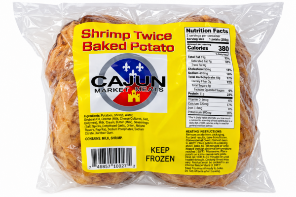 Cajun Market Meats shrimp twice-baked potato in clear plastic packaging with a yellow nutrition facts label.