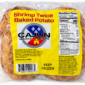 Cajun Market Meats shrimp twice-baked potato in clear plastic packaging with a yellow nutrition facts label.