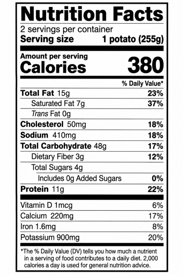 shrimp twice baked potato nutrition Nutrition Facts label for Cajun Market Meats Shrimp Twice Baked Potato, listing 380 calories and nutrient details.