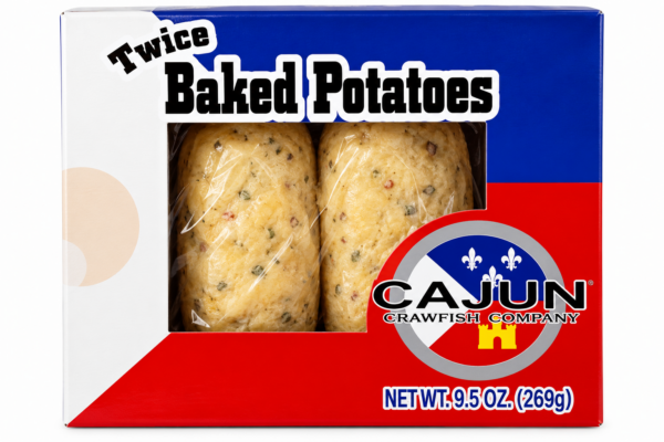 Two Cajun Market Meats shrimp twice-baked potatoes with visible seasonings, packaged in a plastic-windowed box.
