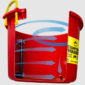A red plastic Crawfish Washer with a yellow handle, black combs, and blue swirl arrows, ideal for cleaning Louisiana crawfish.
