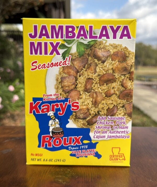 Kary’s Jambalaya Mix displayed outdoors, ideal for pairing with seafood or traditional Cajun cuisine.
