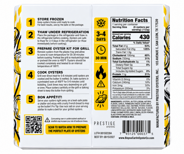 bayou carlin oyster kit garlic parmesan half dozen back Back of a 1/2 dozen Garlic Parmesan Grilled Oyster Kit package with prep instructions, nutrition facts, and a QR code.