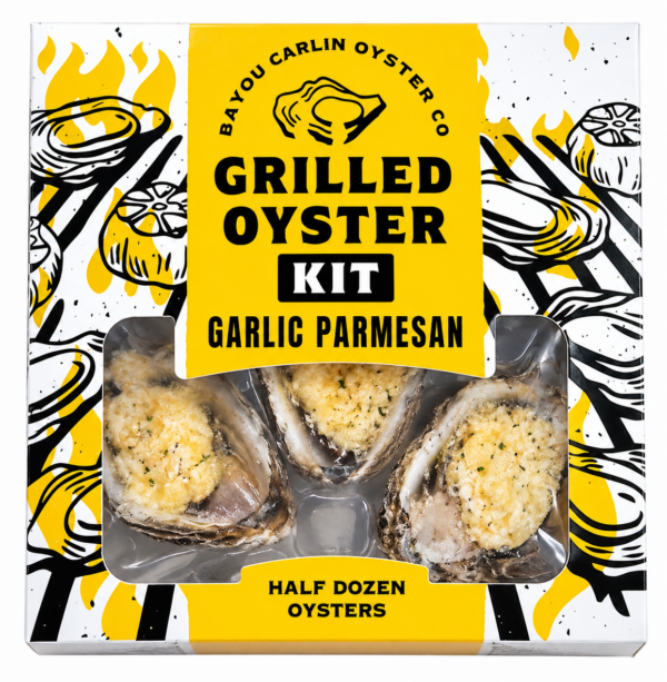 A box of six Garlic Parmesan grilled oysters, decorated with illustrations of flames and garlic.