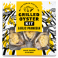 A box of six Garlic Parmesan grilled oysters, decorated with illustrations of flames and garlic.