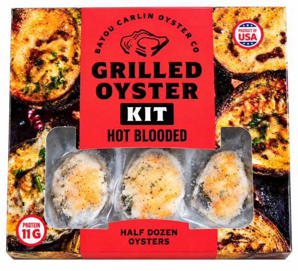 Hot Blooded Grilled Oyster Kit: half a dozen breadcrumb-topped oysters visible through a cutout in the box.