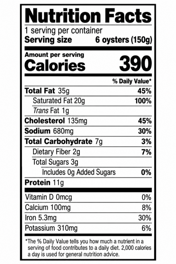 bayou carlin oyster kit hot blooded nutrition Nutrition facts for Hot Blooded Grilled Oyster Kit (1/2 dozen), showing 390 calories plus fat, sodium, and nutrients.