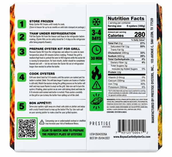 bayou carlin oyster kit rockefeller half dozen back Packaging for a 1/2 dozen Rockefeller Grilled Oyster Kit, showing five preparation steps, nutrition facts, and a QR code.
