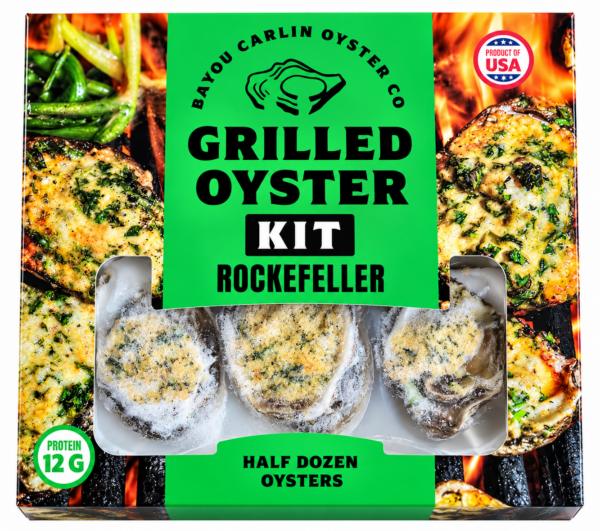 Packaging for a 1/2 dozen Rockefeller Grilled Oyster Kit, featuring a green background and flame imagery.