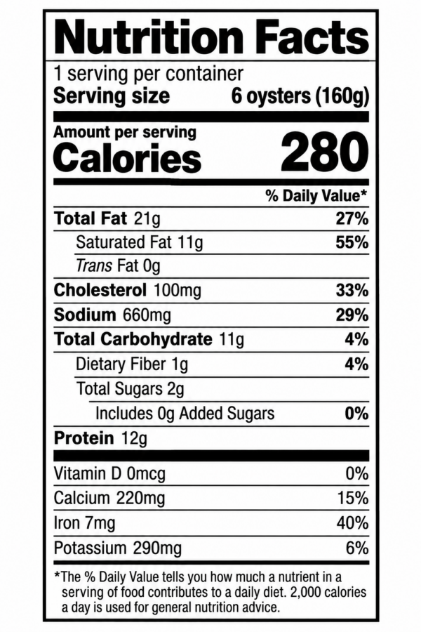 bayou carlin oyster kit rockefeller half dozen nutrition Nutrition facts for the Grilled Oyster Kit-Rockefeller (1/2 dozen), showing 280 calories per 6-oyster serving.