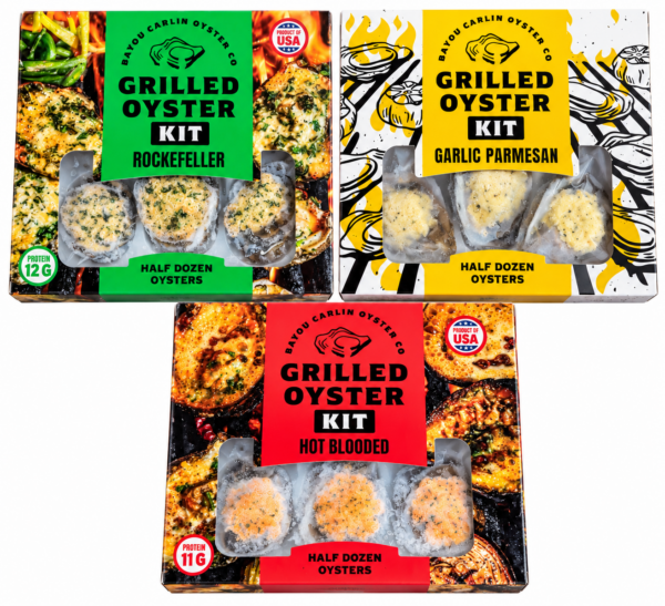 Three boxes of Bayou Carlin Oysters: half-dozen servings in Rockefeller, garlic parmesan, and hot blooded flavors.