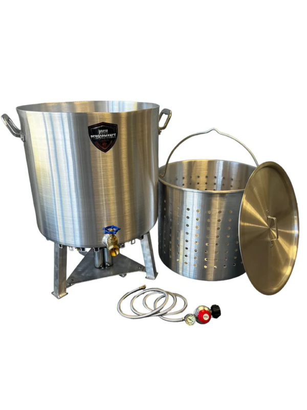 120 Qt stainless steel seafood cooker set with burner, basket, lid, and hose—ideal for boiling crawfish or Cajun dishes.