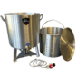 120 Qt stainless steel seafood cooker set with burner, basket, lid, and hose—ideal for boiling crawfish or Cajun dishes.