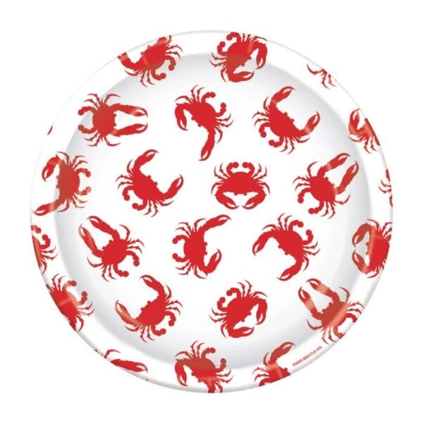 White plates decorated with red crab patterns, perfect for serving Cajun favorites or Louisiana seafood.