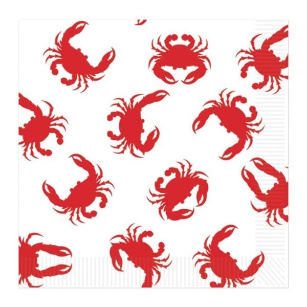 White napkins decorated with red crab illustrations, reflecting the playful vibe of Louisiana seafood and Cajun culture.