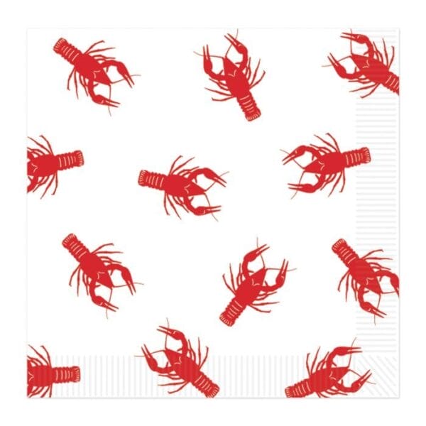 White beverage napkins decorated with red crawfish, perfect for Cajun cuisine fans or Louisiana seafood lovers.