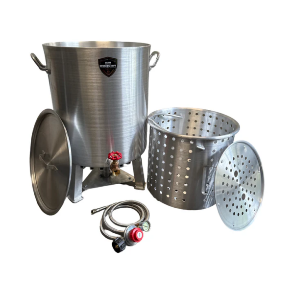 60 Qt High Performance Seafood Cooker set with basket, lid, hose, burner, and regulator—perfect for Louisiana crawfish boils.