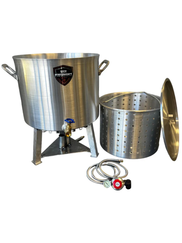 80 Qt Powered Seafood Cooker with insert, lid, and gas hose—perfect for authentic Louisiana crawfish boils at home.