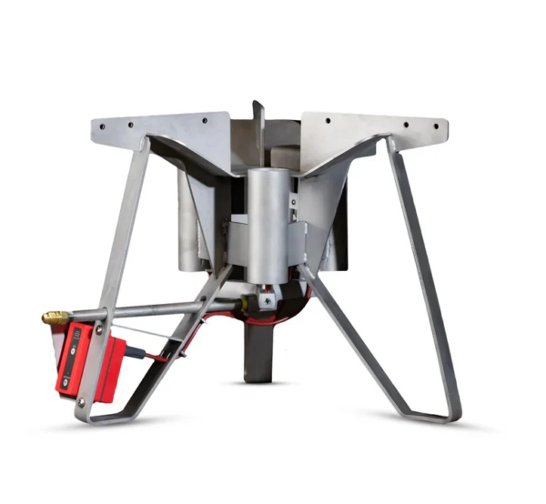 Boil Boss Triple Jet Burner: stainless steel camping stove with folding legs, red ignition, and central burner for Cajun dishes.