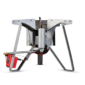 Boil Boss Triple Jet Burner: stainless steel camping stove with folding legs, red ignition, and central burner for Cajun dishes.