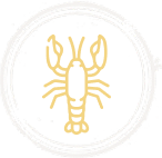 Yellow outline of a Louisiana crawfish centered on a white circle with a subtle border.