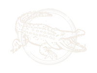Subtle alligator outline within a circle, symbolizing Louisiana seafood and Cajun cuisine on a white background.