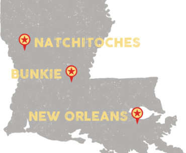 Gray Louisiana map with red markers and yellow labels for top Cajun food cities: Natchitoches, Bunkie, New Orleans.