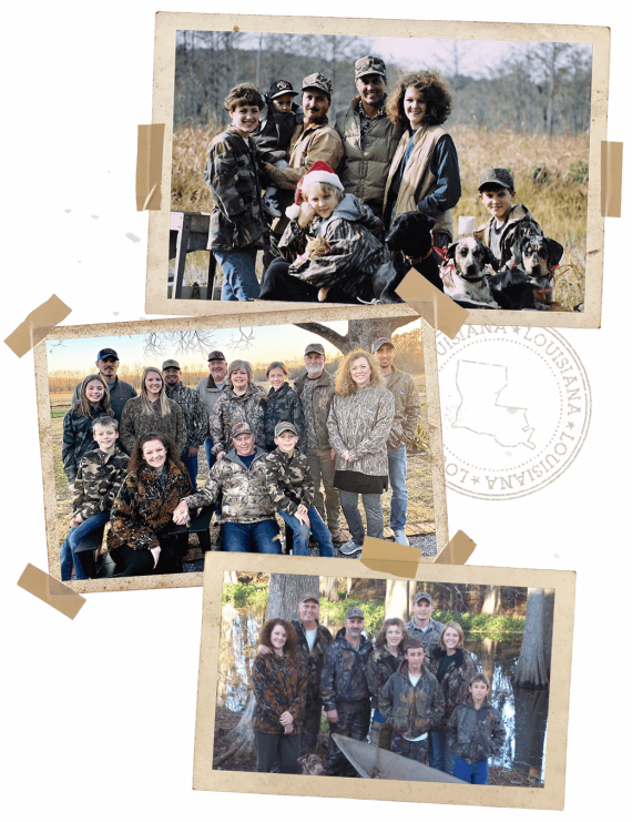 Three groups in camo gear pose by marshes, celebrating Louisiana seafood and classic Cajun cuisine outdoors.